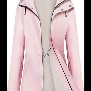 UNIQUEBELLA Pink Long Hooded Waterproof Rain Windbreaker Trench Coat Outdoor S